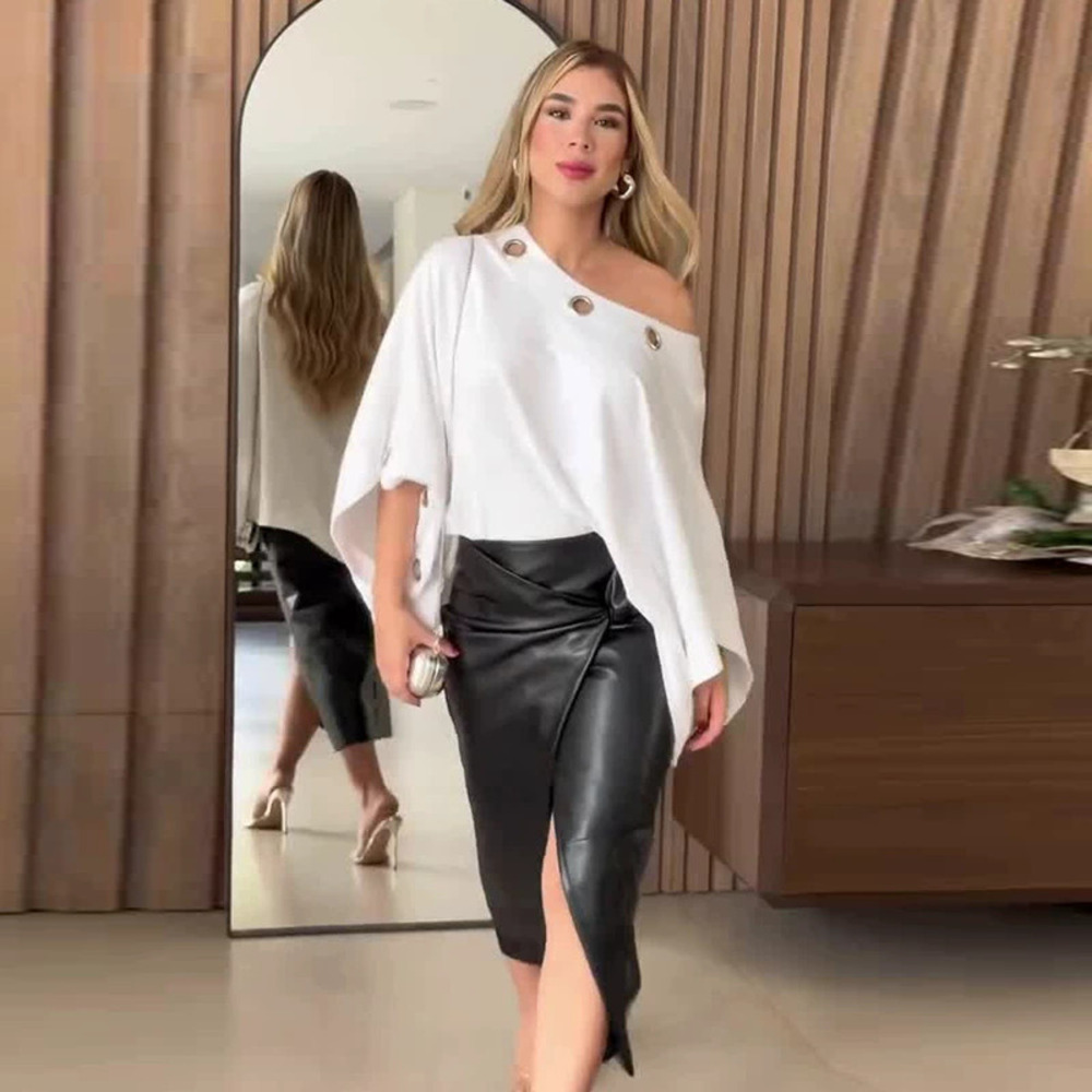 Forever 21 One Shoulder Three Quarter Sleeve Top and Bodycon Leather Skirt Set